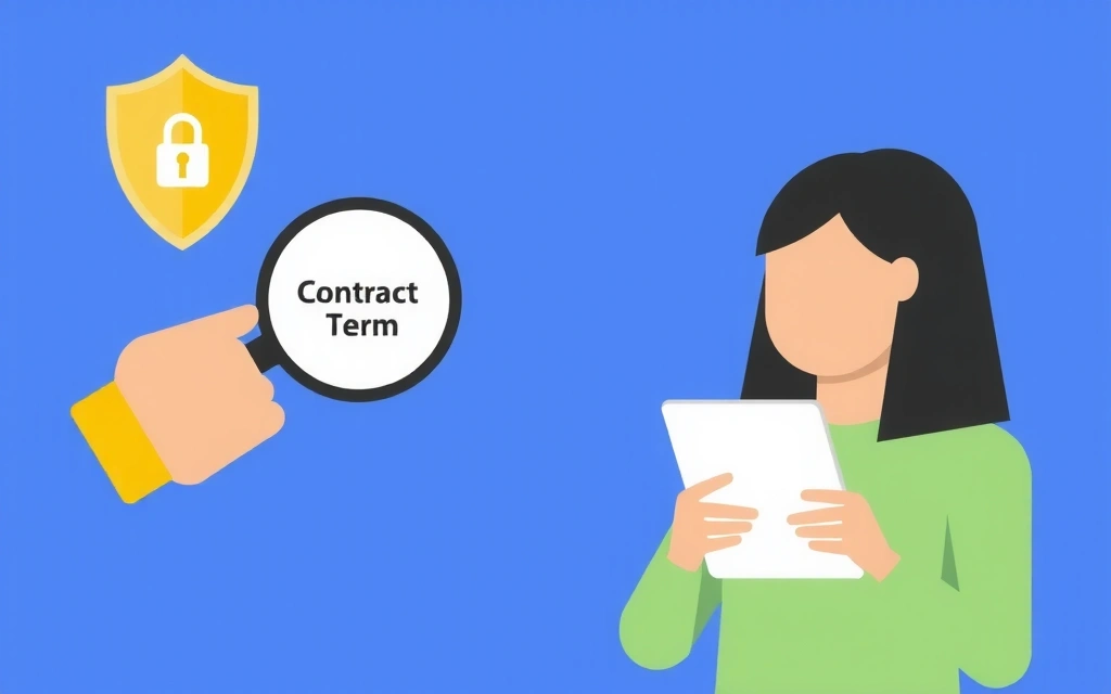 Εικονογράφηση ενός χρήστη που διαβάζει έναν όρο συμβολαίου σε ένα tablet, με μεγεθυντικό φακό και σύμβολα ασφάλειας.