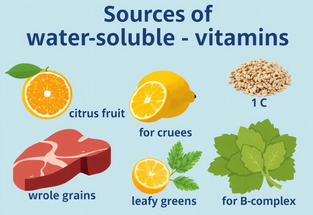 Εικόνα που απεικονίζει υδατοδιαλυτές βιταμίνες και τις πηγές τους