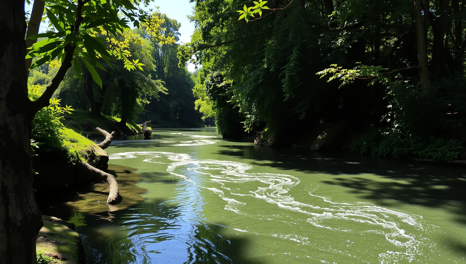 Καταπράσινο τοπίο με καθαρό ποτάμι που ρέει μέσα από δάσος, με φως ήλιου να διαπερνά τα φύλλα, συμβολίζοντας τη φυσική υγεία και ενέργεια