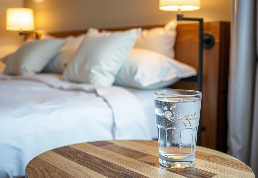 Εικόνα με ένα ποτήρι νερό και ένα χαλαρό περιβάλλον υπνοδωματίου, συμβολίζοντας την ενυδάτωση και τον ύπνο.